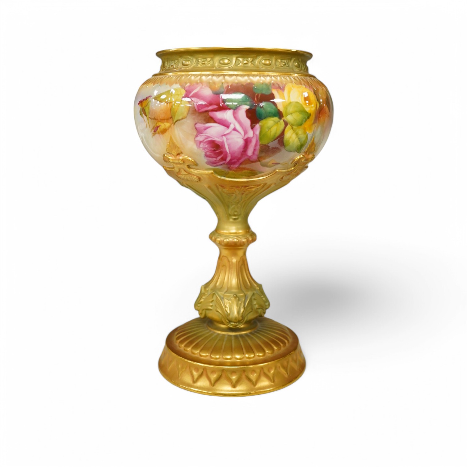 A Royal Worcester pedestal vase decorated with roses, marked to the base 1813 10.54. Condition - good.